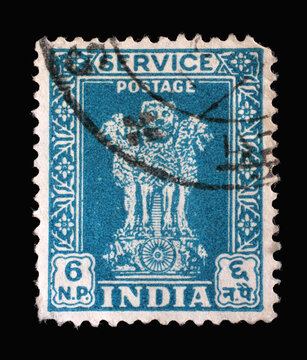 Stamp printed in India shows Lion Capital of Ashoka Pillar from Sarnath, National Emblem of India, circa 1957