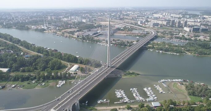 Bridge on river Sava in Belgrade, Aerial drone view