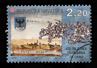 A stamp printed in Croatia on the occasion of the 400th Anniversary of the liberation of Petrinja from Turkish rule, circa 1995
