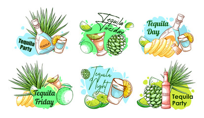 Collection engraving tequila party banner vector illustration. Mexican traditional beverage - obrazy, fototapety, plakaty