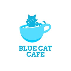 Blue Cat animal coffee mug cafe logo concept design illustration