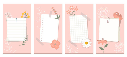 Social Media Stories Layout Set. Colorful flowers, flowers contours, white notebook pages on pink background. Vector art