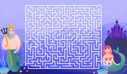 Underwater life children labyrinth for worksheet with cute mermaid and mairman characters, help to find right way