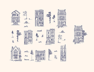 Houses and trees vintage style dark blue