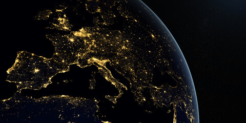 Europe at night in the earth planet rotating from space