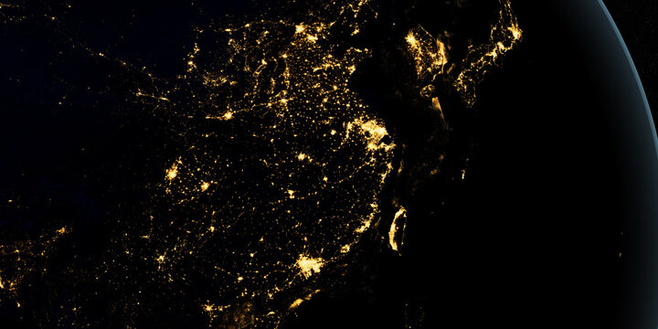 China At Night In The Earth Planet Rotating From Space