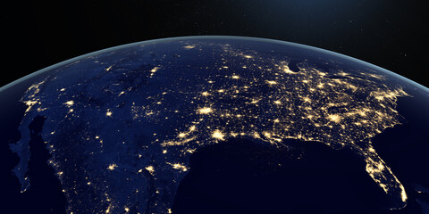 View of North America at night in the earth planet rotating from space