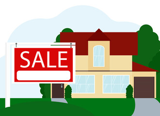 Fototapeta premium Illustration of the sale of a large residential building next to a sign with the text SALE