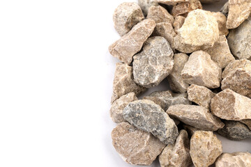 Gray small rocks ground texture isolated on white background. Small road stone.
