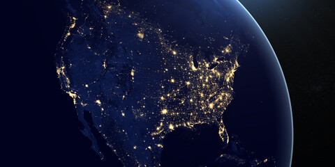 North America at night in the earth planet rotating from space