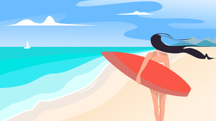 Girl with a surfboard on a summer beach looks at the sea or ocean. Summer landscape. Flat style. Vector