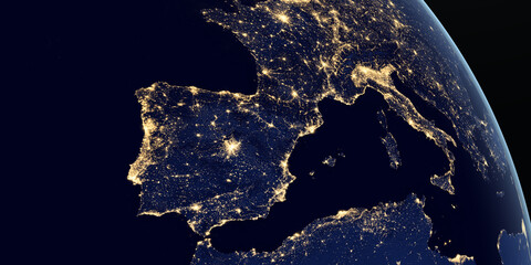 Iberian Peninsula and europe at night in the earth planet rotating from space - obrazy, fototapety, plakaty