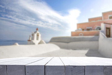 Table background of free space and summer landscape of Greece 