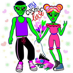 Vector isolated illustration of male and female green aliens with their pet - bright pink frog with black mohawk on a leash. Cosmic love romance. Bright hearts.