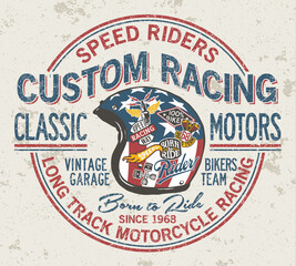 Custom motorcycle vintage racing helmet vector print for boy t shirt with patches applique grunge effect in separate layer © PrintingSociety