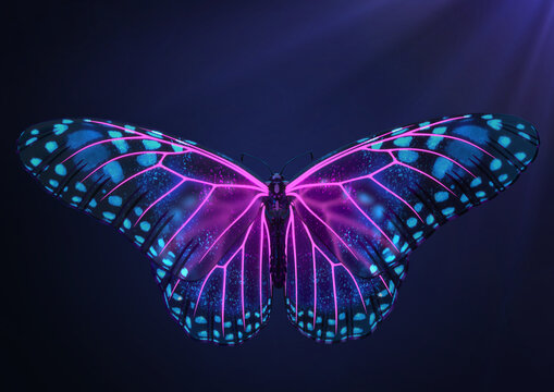 Fototapeta 3D Render of Magical glowing neon and fluorescent butterfly in top view