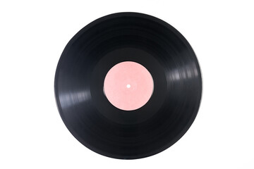 Old black vinyl records isolated on white background. with clipping path. Black vinyl record - vintage music play, with Pink label