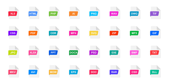Set of file formats icons. File type icons. Format of documents and files extension for ui. Vector illustration.