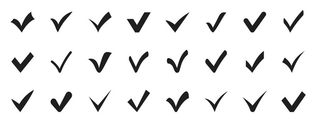 Check mark icon set. Black confirm or tick icons. Check marks for agreement, vote, confirmation, choise. Vector illustration.