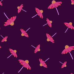 Random pink gerbera flowers shapes seamless pattern. Dark purple background. Simple style.