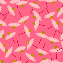 Fototapeta premium Hand drawn seamless pattern with random gebera flowers ornament. Bright pink background.