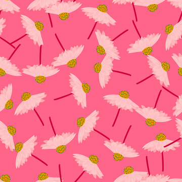 Hand drawn seamless pattern with random gebera flowers ornament. Bright pink background.
