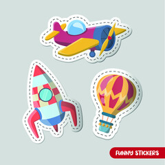 Vector image. Collection of stickers for kids. Transport of toys. A rocket, a hot air balloon, an airplane.