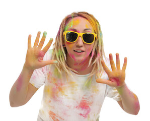 Woman covered with colorful powder dyes on white background. Holi festival celebration