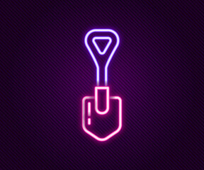 Glowing neon line Shovel icon isolated on black background. Gardening tool. Tool for horticulture, agriculture, farming. Colorful outline concept. Vector