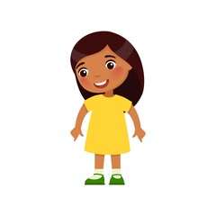 Little Indian girl looks down and shows of her fingers down. Dark skin cartoon character isolated on white background. Flat vector color illustration. .