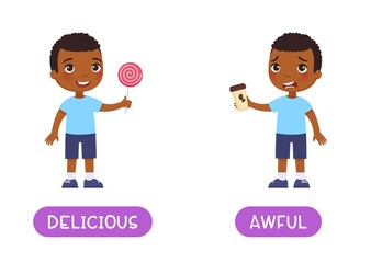 Delicious and awful antonyms word card, opposites concept. Flashcard for English language learning. Joyful African boy holds a sweet lollipop, unhappy dark skin boy holds bitter coffee in his hands