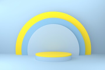 Blue pedestal or podium on pastel blue background for product demonstration.  3D rendering.