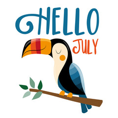 Hello July- happy Summer greeting with hand drawn toucan bird. Good for greeting card, calendar, travel set, poster, and other gifts design.