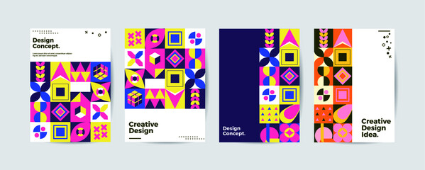 Colored neo geometric poster set. Modern grid flyer with geometric shapes, geometry graphics and abstract background vector set. Company identity brochure template collection. Neo memphis. Vector