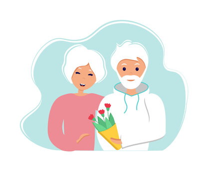 Old Couple. Senior Man Giving Flowers To His Wife. Happy Pensioners Together. International Day Of Older Persons. Illustration In Flat Style