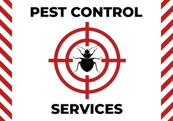 Pest control leaflet design, horizontal orientation. Minimal graphic illustration with a bedbug as a target in red circle mark.