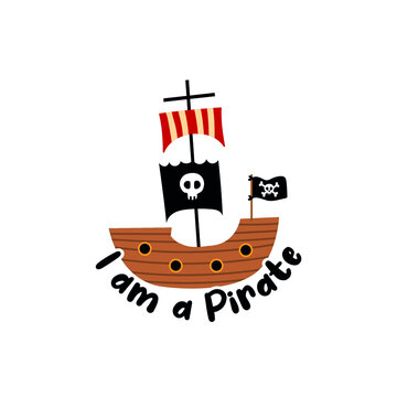 Vector image. Drawing of a pirate ship. Children's image to decorate.