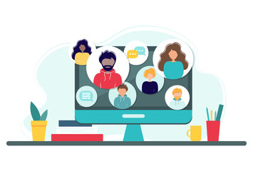 Online meeting via group call. Home office concept with computer, books and cup. Group of people doing video conference. Illustration in flat style. Stay at home. Self-isolation