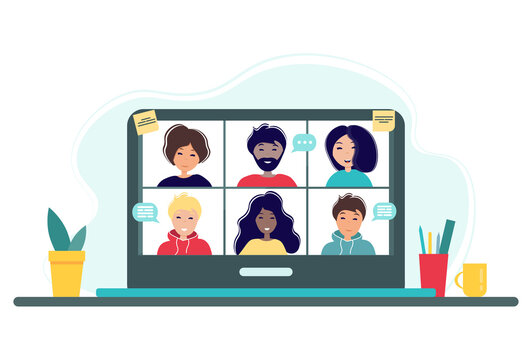 Online meeting via group call. Home office concept with laptop, plant and cup. Group of people doing video conference. Illustration in flat style. Stay at home. Self-isolation.
