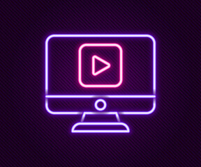 Glowing neon line Online play video icon isolated on black background. Computer monitor and film strip with play sign. Colorful outline concept. Vector