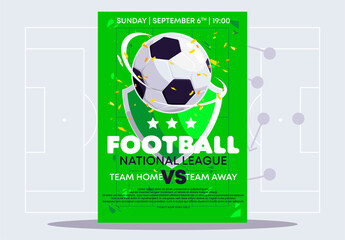 Vector illustration of a template for a football match of a soccer ball with a shield and a winner's wreath on a green background, flat design, marking of a football field in the background