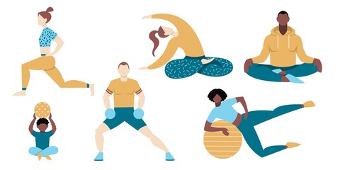 Fototapeta na wymiar Set of different people playing sports isolated on white background. Whites and blacks, women and men perform exercises in yoga, fitness, exercises with a fitness ball and dumbbells. Flat design.