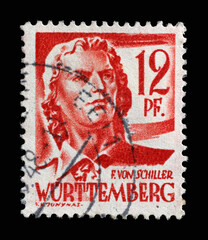 Stamp printed in Germany, French Occupation of Wurttemberg shows Friedrich von Schiller, poet and writer, circa 1948