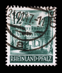 Obraz premium Stamp printed in Germany, Rheinland, that shows Porta Nigra in Trier, circa 1947