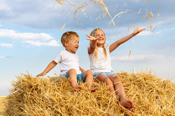 Two cute adorable caucasian siblings enjoy having fun sitting on top over golden hay bale on wheat harvested field near farm. Happy childhood and freedom concept. Rural countryside scenic landscape - obrazy, fototapety, plakaty