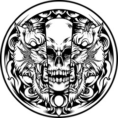 Tiger And Skull With Ornaments Silhouette