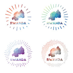 Rwanda low poly sunburst set. Logo of the country in a geometric polygonal style. Vector illustration.