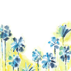 Watercolor hand drawn template with exotic stylized palm trees. Summer tropical background.