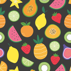 Tropical Fruit pattern background with pineapple, lemon, papaya, watermelon, figs, lime and strawberries.