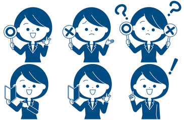 アイテムを掲げているスーツを着た女性セット（シンプルカラー）